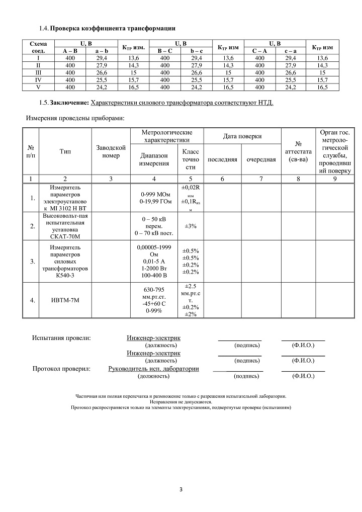 Примеры протоколов силовых трансформаторов